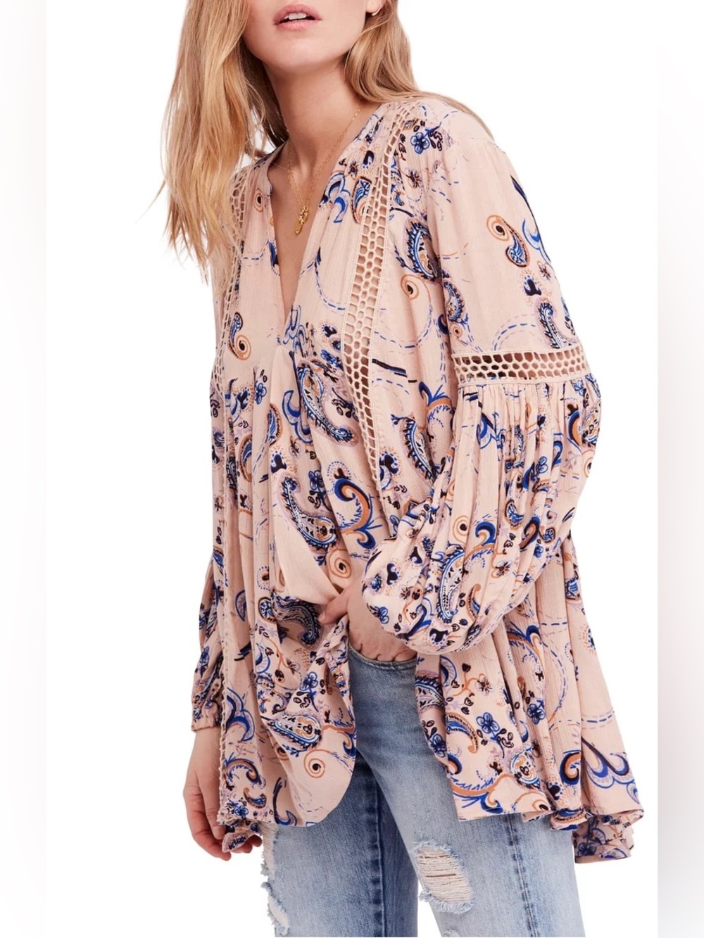 Free People boho tunic top beige and blue paisley print with lace